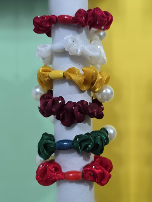 Pack Of 6 Multicolor High Quality Fabric Pearl Hair Scrunchies For Women & Girls