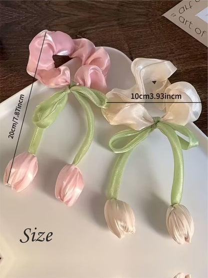1 Pc luxury satin Tulip scrunchie with pearls for women and girls