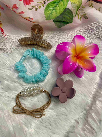Combo Pack Of 5 Pcs Stylish Hair Claw Clip & Band For Women & Girls (Random Colors)