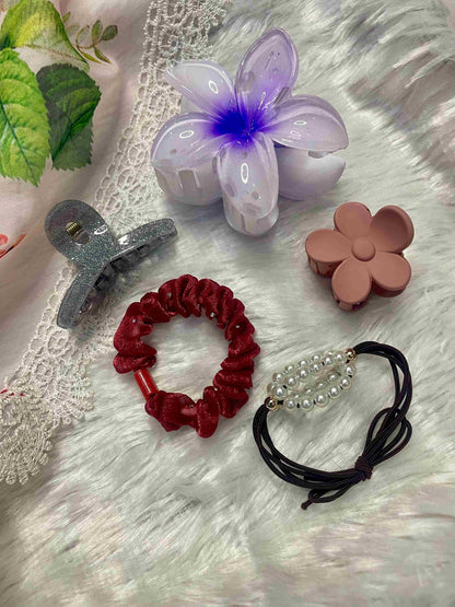 Combo Pack Of 5 Pcs Stylish Hair Claw Clip & Band For Women & Girls (Random Colors)
