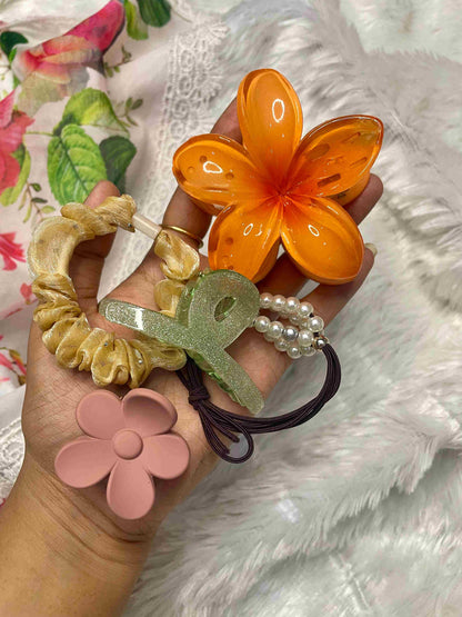 Combo Pack Of 5 Pcs Stylish Hair Claw Clip & Band For Women & Girls (Random Colors)