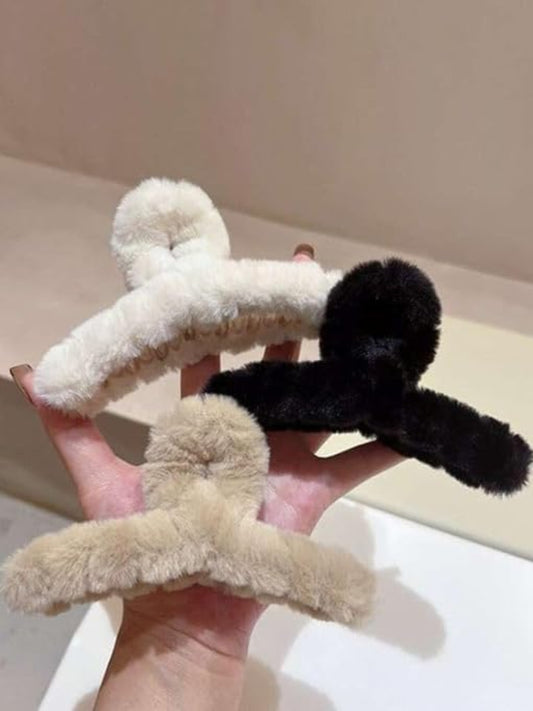 Pack Of 3 Multicolor Fur Plush Claw Clip For Women & Girls
