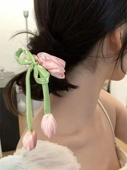 1 Pc luxury satin Tulip scrunchie with pearls for women and girls