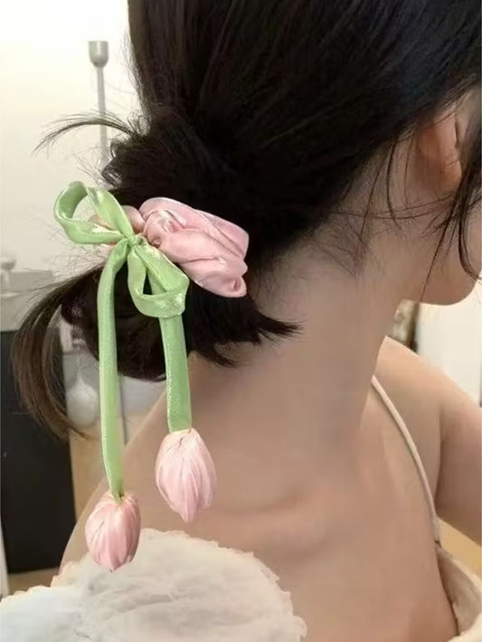 1 Pc luxury satin Tulip scrunchie with pearls for women and girls