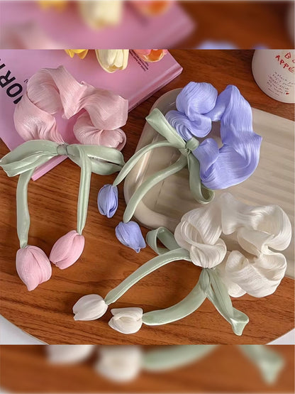 1 Pc luxury satin Tulip scrunchie with pearls for women and girls