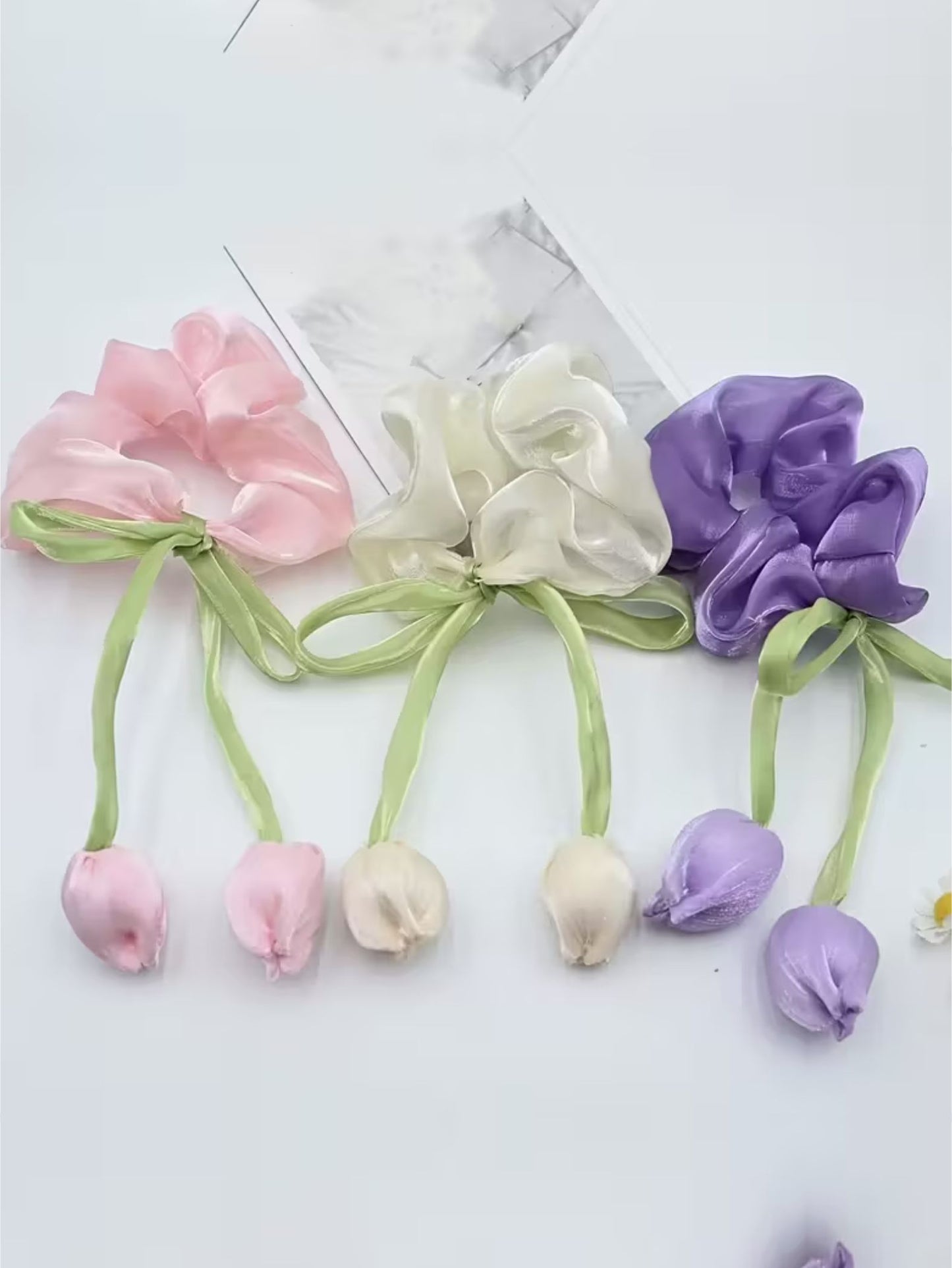 1 Pc luxury satin Tulip scrunchie with pearls for women and girls