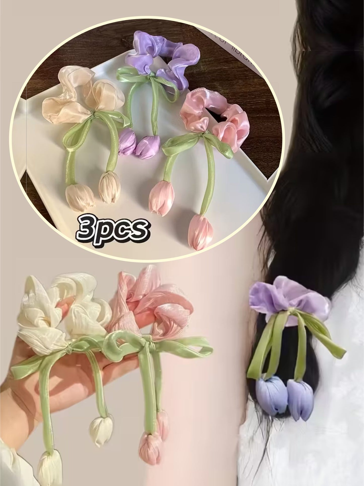 1 Pc luxury satin Tulip scrunchie with pearls for women and girls