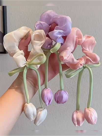 1 Pc luxury satin Tulip scrunchie with pearls for women and girls