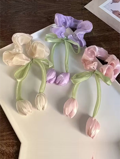 1 Pc luxury satin Tulip scrunchie with pearls for women and girls