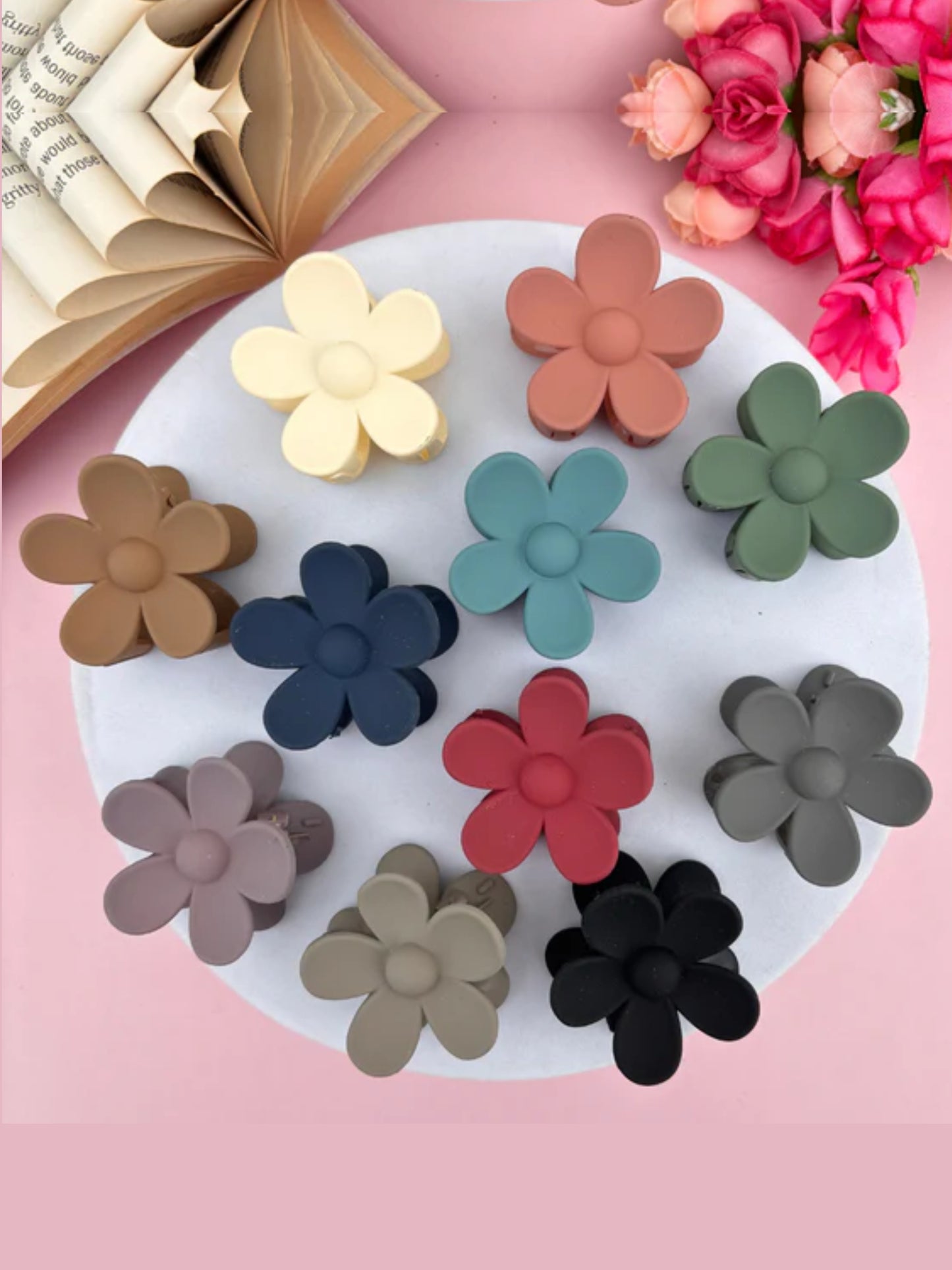 1 Pc Multicolor Abs Plastic Matte Flower Hair Claw For Women & Girls