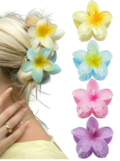 Pack Of 4 Multicolor Abs Plastic Glassy Flower Hair Claw For Women & Girls