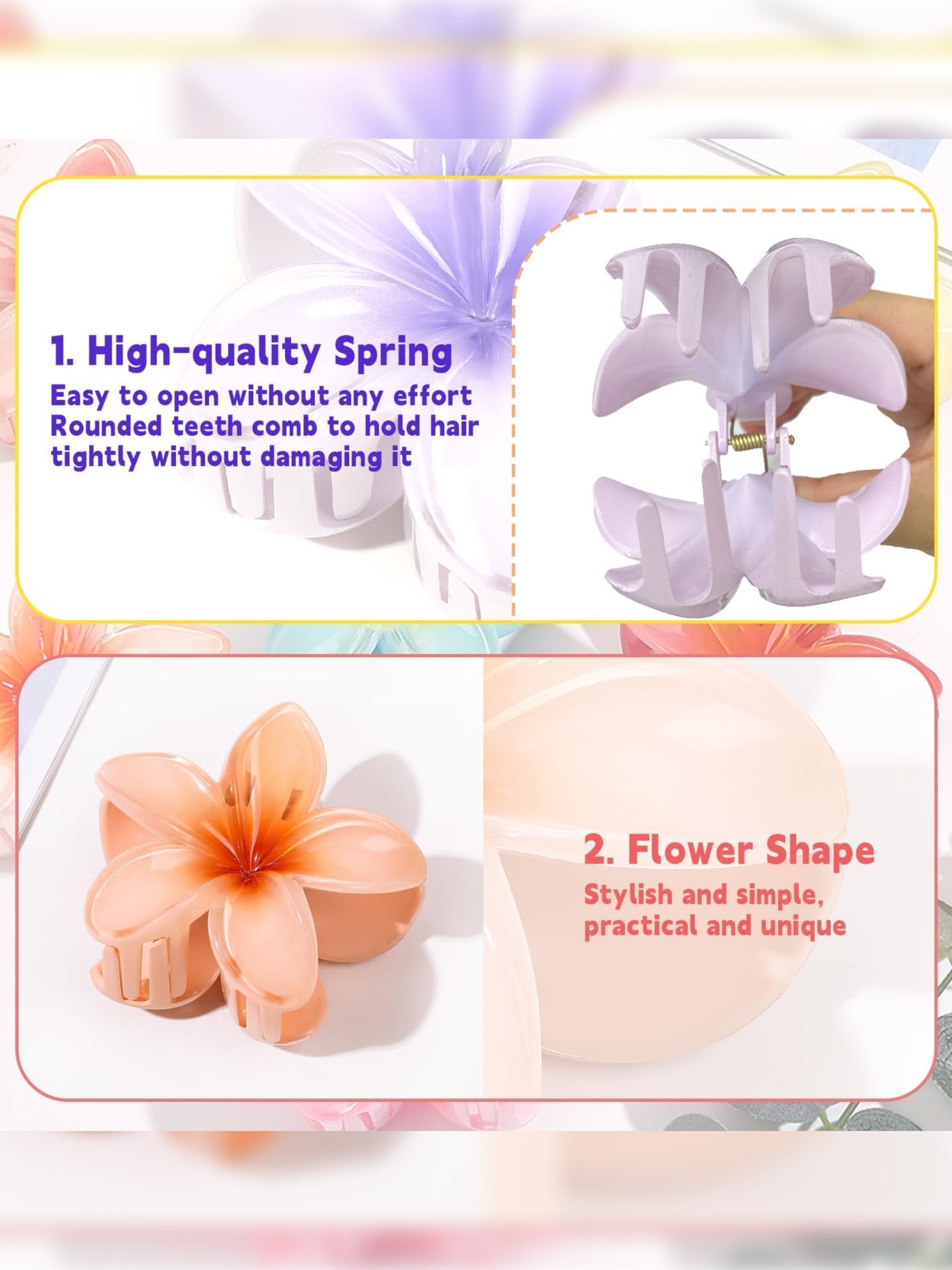 Pack Of 4 Multicolor Abs Plastic Glassy Flower Hair Claw For Women & Girls